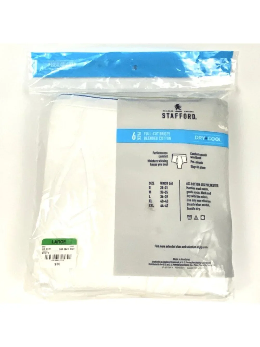 Stafford Briefs Mens L White 6 Pack Full Cut Dry Cool Cotton Blend NEW Unworn